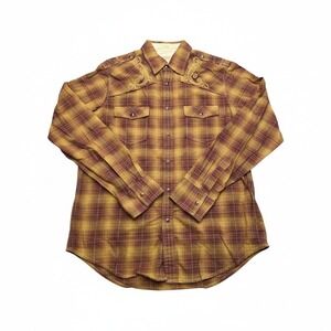 Sonoma Life Style Mens Medium Fitted Plaid Western Snap Shirt Embroidered Brown